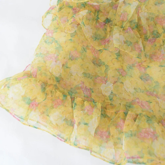 For Love & Lemons Vicki Sheer Tiered Yellow Lace Ruffle Maxi Dress M - Picture 6 of 13